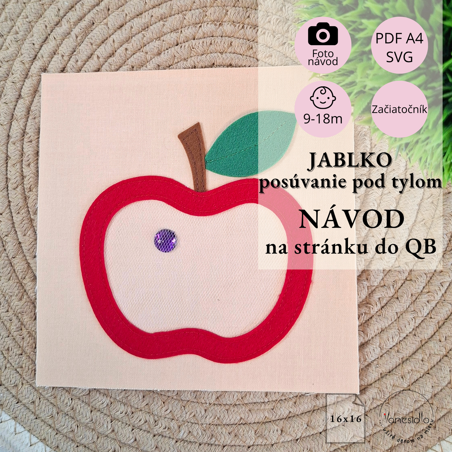 Jablko - posúvanie pod tylom (16x16) - Strih PDF, SVG s fotonávodom
